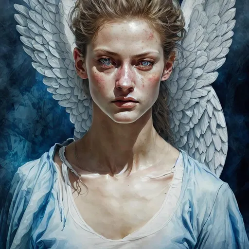 Prompt: Hyperrealistic painting of an adult angel daytime, blue eyes, somber, 16k, highly detailed, exquisite , highly detailed, intricate details, beautiful, flawless, masterpiece, soft dramatic moody lighting, radiant aura, ultra high quality octane render, hypermaximalist