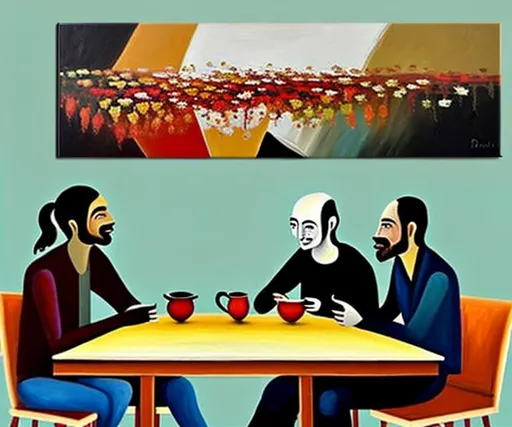 Prompt: A painting of two people sitting at a table talking and drinking tea with a painting on the wall of this painting but upside down and the overall picture abstract and different 