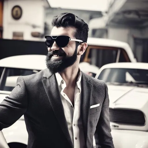 Prompt: A man in with pistol in hand and smile on face one eyebrow is covered with lens and his beard is white skin color is also white.he is gentelman.handsome.nice body shape and has great costume.costume is suit which black and car is there vinage car .