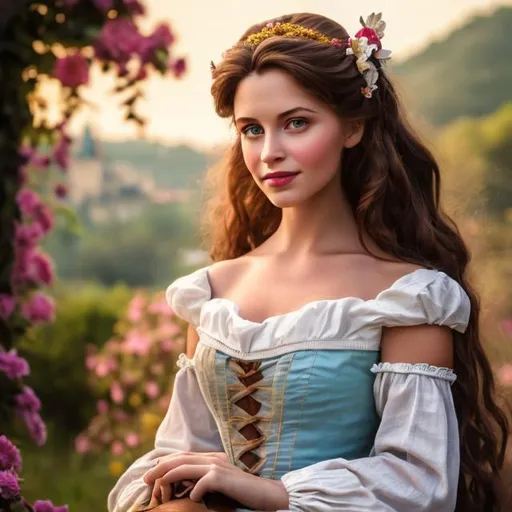 Prompt: professional photo disney belle as live action human woman hd hyper realistic beautiful brunette hair light skin brown eyes beautiful face blue and white peasant dress enchanting
french countryside hd background with live action realistic flora