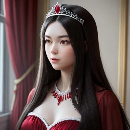 Prompt: Woman with long dark hair, wearing a ruby tiara and jewelry