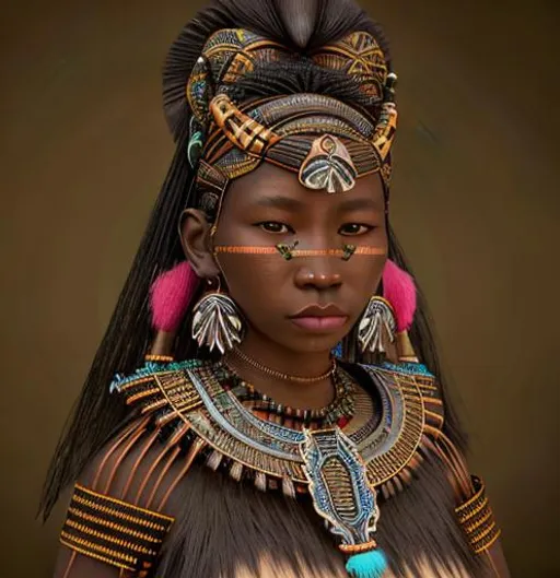 Prompt: A dynamic realistic render showing a detailed African tribal ethnography face ethnic Hmong anthropology woman decorative filigree 8k,high quality, high resolution, 4k, hd, (well designed face), amazing face, (super detailed), [3d] James jean surreal details Volumetric light fashion photography 
