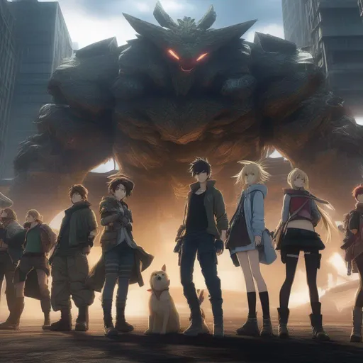 Prompt: In a post-apocalyptic world, a group of anime survivors with extraordinary abilities must strike dynamic poses as they confront monstrous creatures that threaten humanity’s last refuge