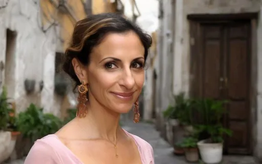 Prompt: ItalianJewish beautiful Woman,38 y.o.,Front face view, realistic photo,slim and oval face, deep set,strong cheekbones, long thin, high forehead with deep wrinkles, wrinkles around eyes, upturned ,wide deep set, narrow , hazel eyes, very big,very hooked and bump,long and pointed nose(with side piercing, because she considered her nose to be her strong point), big hot lips with a slightly cynically cheeky smile, vintage,tousled newsy,straight, flowing curly wavy medium hairstyle ,very long, bronze hair .