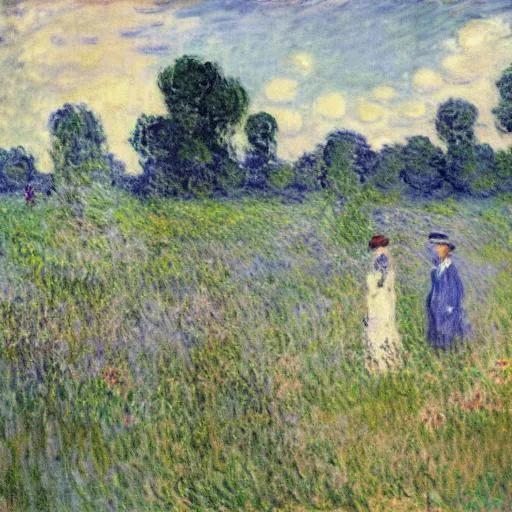 Prompt: Monet background, husband and wife having a picket
