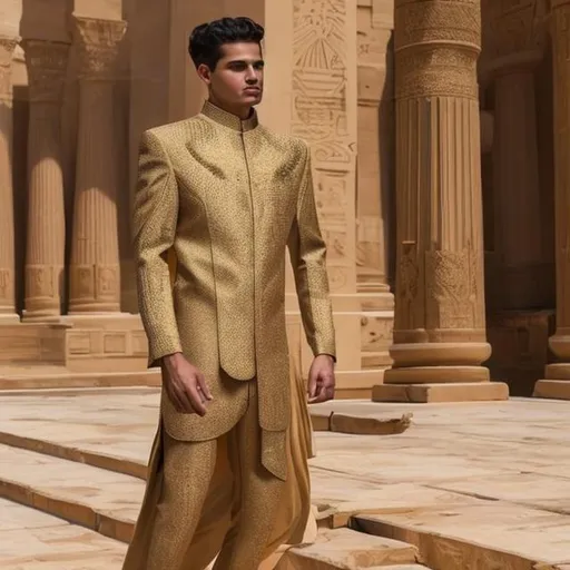 Prompt: A modern youth suit, golden color with Pharaonic engravings