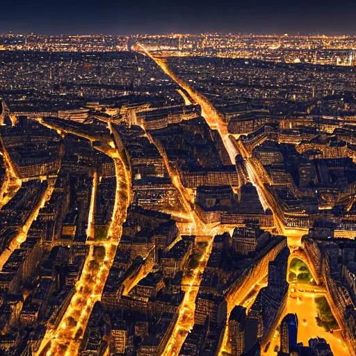 Prompt: drone photo of paris, over the effiel tower at night