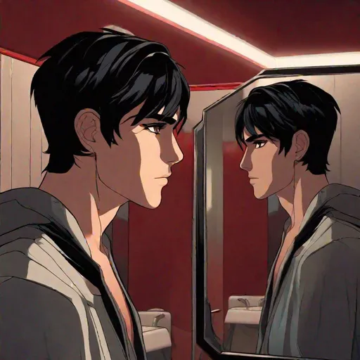 Prompt: Damien (male, short black hair, red eyes) placing his hand on the mirror staring at his reflection 