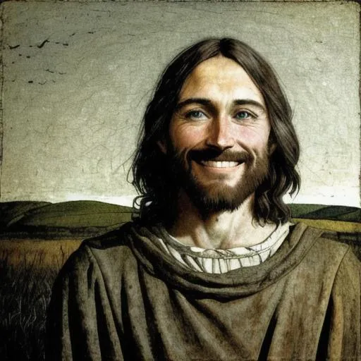 Jesus Christ smiling in the style of Andrew Wyeth.