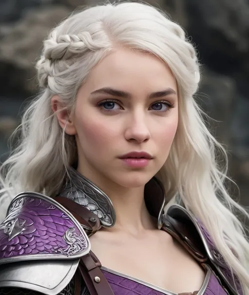 Prompt: hyper-realistic. Targaryen, Pale skin. white hair, purple eyes. warrior. Princess. Hooked nose. Braided hair, bangs. Wearing dragon armor. Fierce