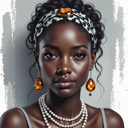 Prompt: This is a highly detailed, photorealistic digital portrait of a young Black woman with dark, smooth skin and a radiant, confident expression. She has large, almond-shaped brown eyes, well-defined eyebrows, and full lips with a subtle sheen. Her hair is styled in tight, elegant curls and is held back by a black and white patterned headband adorned with a large, amber gemstone at the center. She wears dangling amber earrings that match the headband's gemstone, and a multi-strand necklace featuring alternating white and amber pearls. A small, delicate gold nose ring is visible on her left nostril. The background is a simple, textured white with vertical streaks, which contrasts with her dark skin and highlights her features. The lighting is soft, emphasizing the smooth texture of her skin and the shine of her jewelry. The overall style of the portrait is realistic with a focus on detailed textures and lifelike representation, capturing both the elegance and natural beauty of the subject. The image conveys a sense of grace and sophistication.