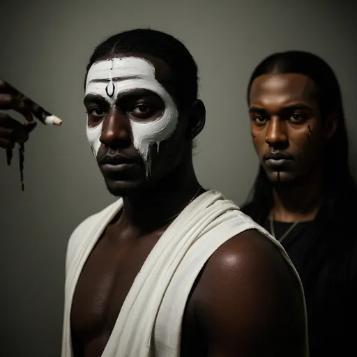 Prompt: Dark skinned man with white cultist painting on his face, ominous dark background