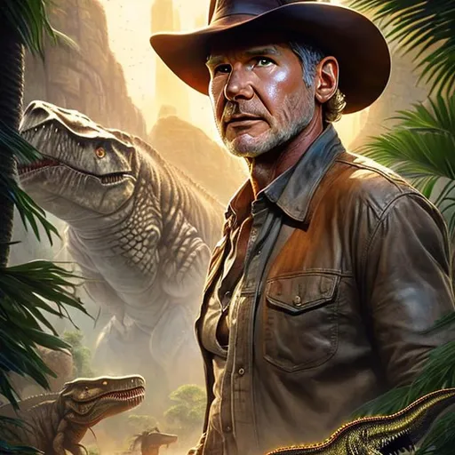 Prompt: ultra realistic illustration for movie starring Harrison Ford entitled 'Indiana Jones in the Valley of  the T-Rex', intricate, elegant, highly detailed, digital painting, artstation, concept art, smooth, sharp focus, illustration, art by artgerm and greg rutkowski and drew struzan