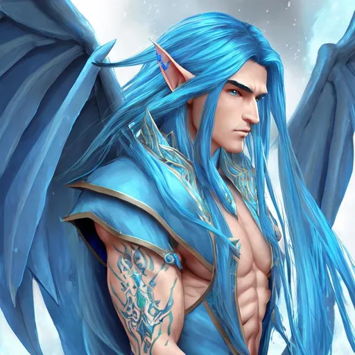 Prompt: Blue dragon wings on an elf man with long Azure hair