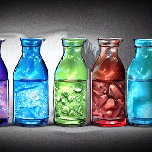 Prompt: 4 elemental potions (fire, water, earth, air) capped in a bottle in a half-realistic art style