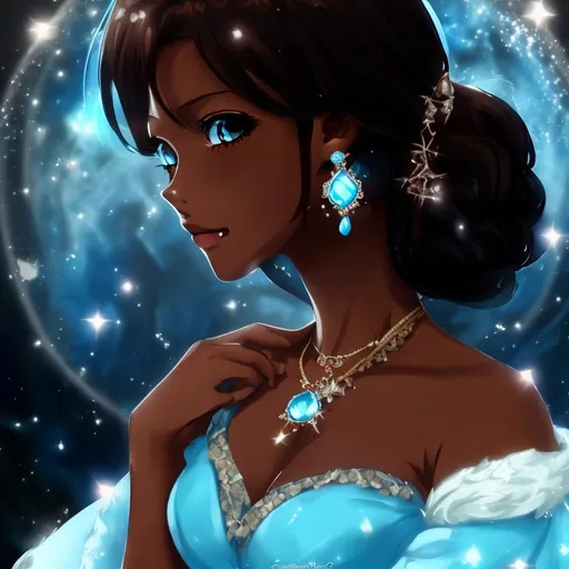 Prompt: Anime, Emperess, Blue eyes, Blue Ballgown, Blue Topaz earrings, brown skin, HD, 4k, High Quality, Effects.