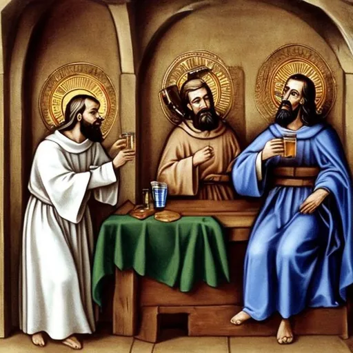Prompt: Jesus, saint Joseph the carpenter and saint Francis drinking beer together 