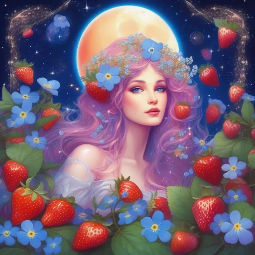 Prompt: A beautiful and colourful picture of Persephone with forget-me-not flowers, Baby's Breath flowers and strawberry plants surrounding her, framed by the moon and constellations in a Lisa Frank art style. 