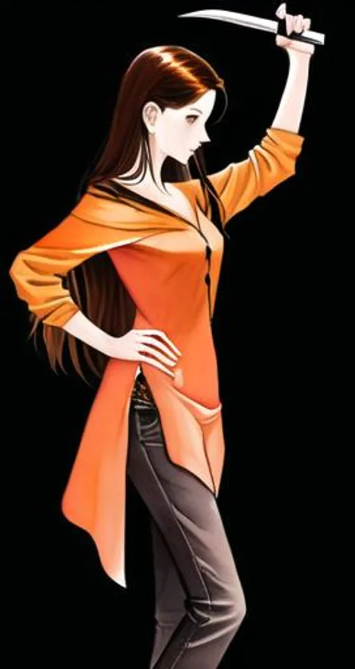 Prompt: Watercolor art, young woman, sci-fi, orange cloak, black pants, long brown hair, holding a dagger