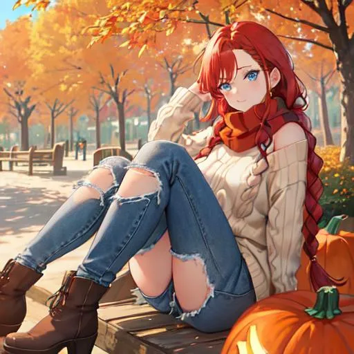 Prompt: Haley 1female (braided red hair pulled back, lively blue eyes),  wearing a cozy oversized sweater, ripped jeans, and ankle boots, in the park, fall. Model, wearing a scarf, looking up at the sky, in a pumpkin patch, posing for the camera, young adult , detailed, UHD, HD, 4K, highly detailed, red haze
