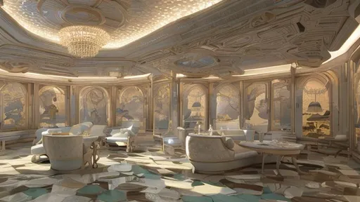 Prompt: a palace house interior inspired on a spaceship with marine walls with arch windows that look to a meadow at  cloudy sunrise and rounded white and marine blue checkerboard floors 