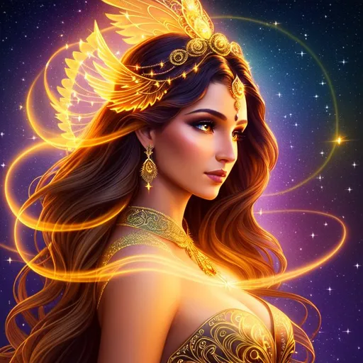 Prompt: A beautiful woman, phoenix spirit, large nose, intricate long multicolored flowing hair, filigree halo, dark tan skin, intricate filigree gold dress, ethereal, luminous, fireflies, night sky, glowing, trails of light, 3D lighting, celestial, some sparkle, soft light, sunset, fantasy