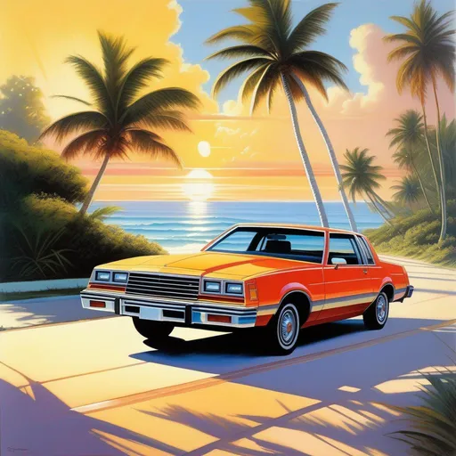 Prompt: 1980s, Miami, car chase, sunny weather, warm atmosphere, cartoony style, extremely detailed painting by Greg Rutkowski and by Henry Justice Ford and by Steve Henderson