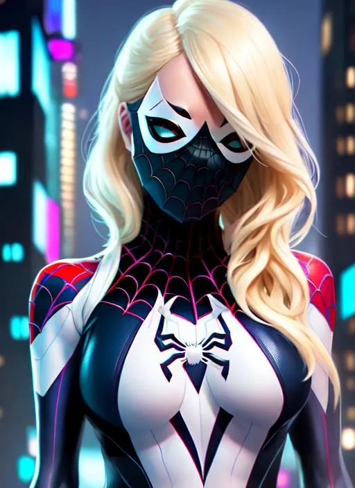 Prompt:  {spider-gwen} with {blond} hair and with cute face, {cyberpunk city}, in nano-fiber suit, perfect composition,mask on, hyperrealistic, super detailed, 8k, high quality, trending art, trending on artstation, sharp focus, studio photo, intricate details, highly detailed, by greg rutkowski