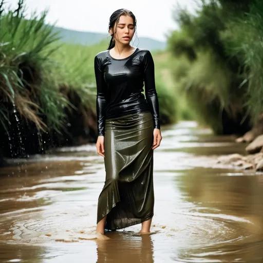 Prompt: photo of young woman, soaking wet clothes, Barefoot, Olive long straight skirt, Black tight shirt, soaked,  , Standing in a river,   enjoying, water dripping from clothes, clothes stuck to body,  detailed textures of the wet fabric, wet face, wet plastered hair,  wet, drenched, professional, high-quality details, full body view.