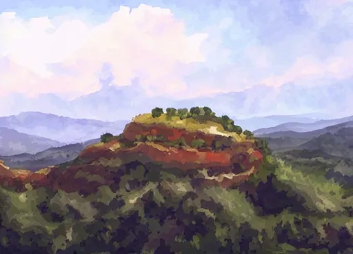 Prompt: a turtle shaped hill in Gouache Style, Watercolor, Museum Epic Impressionist Maximalist Masterpiece, Thick Brush Strokes, Impasto Gouache, thick layers of gouache watercolors textured on Canvas, 8k Resolution, Matte Painting