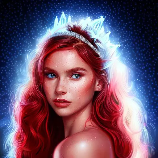 Prompt: hyper realistic white fairy goddess wearing a tiara, red background, closeup 