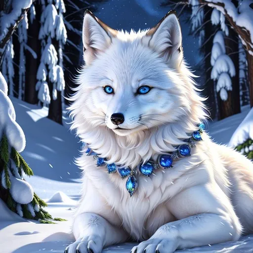 Prompt: remove text, (masterpiece, highly detailed oil painting, best quality, 3D, UHD), white fox-wolf hybrid, bashful hypnotic sapphire-blue eyes, 8k eyes, lying in the snow, thick glistening deep blue fur, thick lavish blue mane, artstation, trending on deviantart, furry art, insanely beautiful portrait, epic digital rendering, by Lorraine Fox, kitsune, emanating with blue aura, fluffy fox ears, white sparkles sunlight beams, header text, yee chong silverfox, beaming sunlight, very extremely beautiful, lazy, (plump:2), uwu, professional, symmetric, golden ratio, unreal engine, depth, volumetric lighting, rich oil medium, (brilliant auroras), (ice storm), full body focus, beautifully detailed background, cinematic, 64K, UHD, Yuino Chiri, intricate detail, high quality, high detail, masterpiece, intricate facial detail, high quality, detailed face, intricate quality, intricate eye detail, highly detailed, high resolution scan, intricate detailed, highly detailed face, very detailed, high resolution, perfect composition, epic composition
