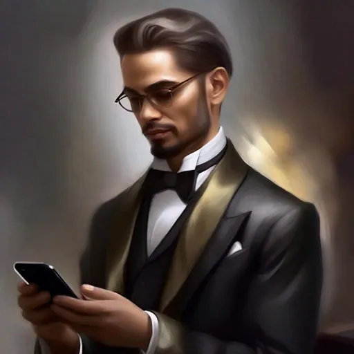 Prompt: create a oil painting concept art of one elegant man using mobile madly