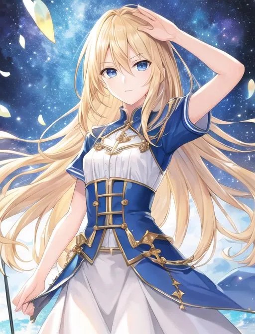 Prompt: high quality, best quality, masterpiece, official art, 8k resolution, blonde hair, gradient hair, blue tips, blue eyes, light particles, long hair, shiny hair, 1girl, solo, toned, eyeliner, eyelashes, long eyelashes, perfect anatomy, detailed, half-closed eyes, shiny skin, serious, frown, rpg, fantasy, outdoors, flowers, sunlight, light rays, day, plants, head tilt, looking at viewer, tank top, emo, winged eyeliner, dress, frills, lace, medieval 