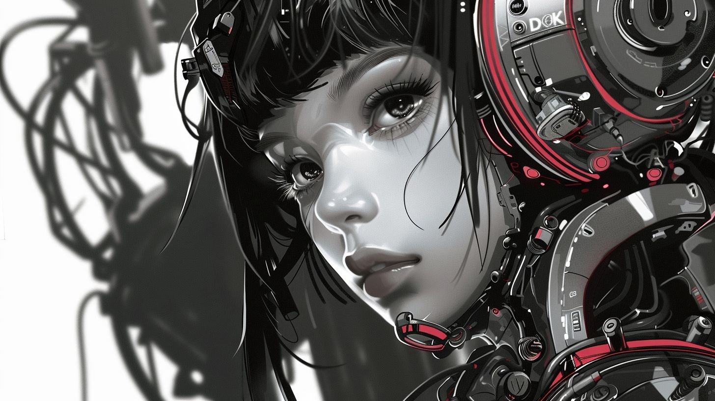 Prompt: Digitally painted anime girl by DDK, in the style of futuristic neo-geo shapes, high-contrast monochrome portraits, sleek futuristic robots, elegant smooth curves, rich dark palette, highly polished metallic surfaces, and ornate baroque sci-fi elements.