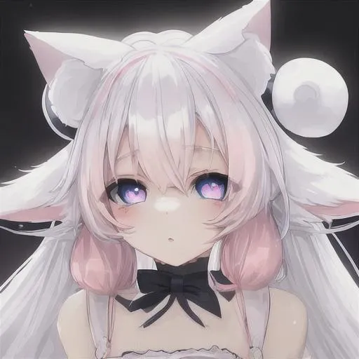 Prompt: white catgirl with dark blue eyes and pink ears