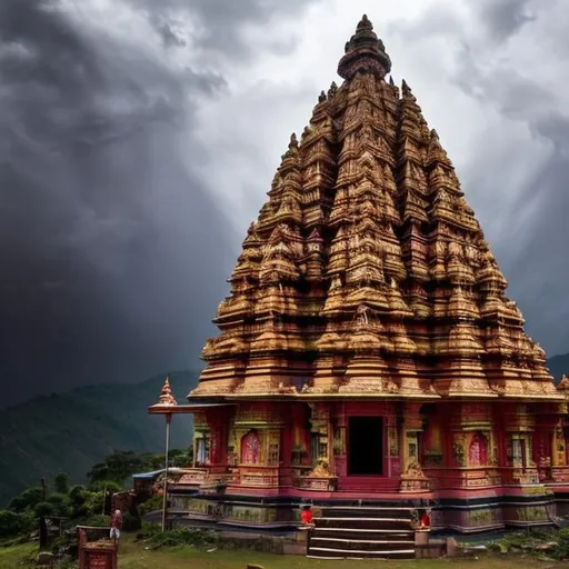 Prompt: a hindu god temple in storm in hills