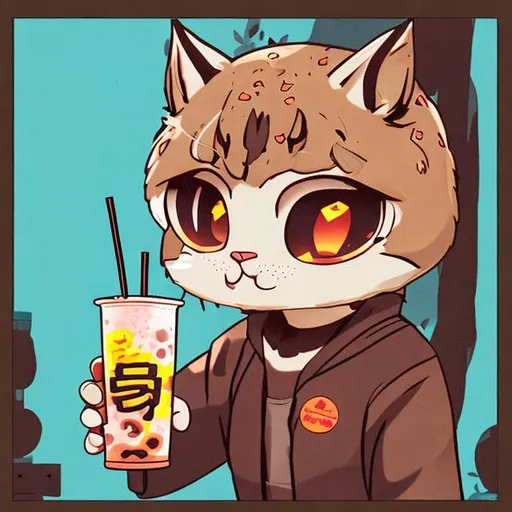 Prompt: anime bobcat drinking boba tea