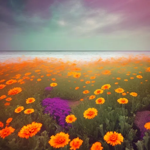 Prompt: calendula field leading to horizon of ocean, soft color, 3d rendering