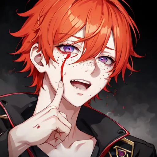Prompt: Erikku male adult (short ginger hair, freckles, right eye blue left eye purple)  UHD, 8K, insane detail anime style, covered in blood, psychotic, covering his face with his hands, face covered in blood and cuts, blood highly detailed, laughing