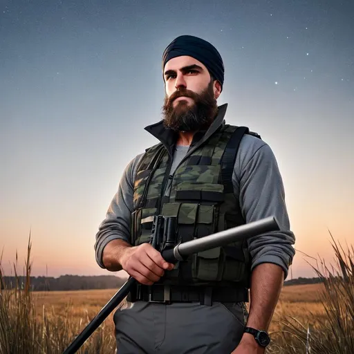 Prompt: man with a short beard holding a metal crowbar, wearing a gray headband, neutral expression, wearing a long-sleeved gray camo shirt, ballistic vest, shot in a field of gray grass and dark blue sky at night
