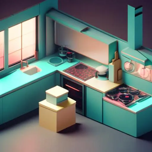 Prompt: Tiny cute isometric kitchen in a cutaway box, cyberpunk, soft smooth lighting, soft colors, 100mm lens, 3d blender render