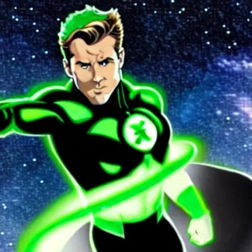 Prompt: Hal Jordan Ryan Reynolds Inspired, Green-Glowing-Cape floating in deep outer-space 