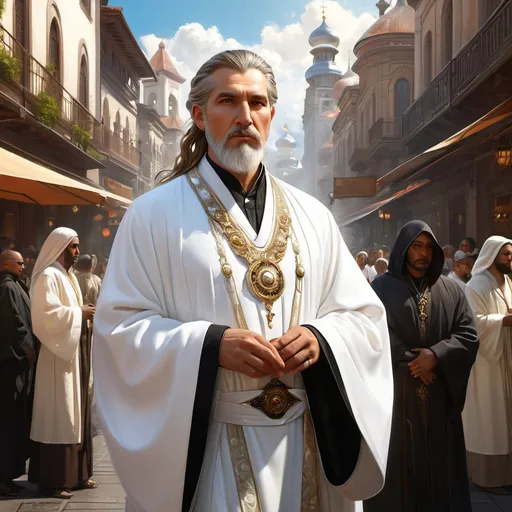 Prompt: Three-quarters portrait, holy archpriest dressed in white robes, black eyes, holy man, static, swirling black magic, fantasy, highly detailed, digital painting, steampunk city, in the streets, big crowd, art by Stanley Lau and Artgerm and magali villeneuve and Alphonse Mucha, artstation, octane render, cgsociety, HDR, UHD, 64k, best quality, best quality, masterpiece:1.5)

