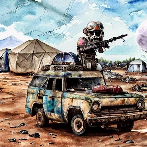 Prompt: A watercolor painting, a refugee camp on alien planet, on sky three big moons, lots of rocks, old tents, huts made of rusty thin, destroyed small vehicles, gears, wheels, junk laying around, kids playing football with an old thin, star trooper in the armour with a big guan guarding the camp
watercolor, approaching perfection, dynamic, highly detailed, watercolor painting, artstation, concept art, smooth, sharp focus, illustration, art by Luis Rojo