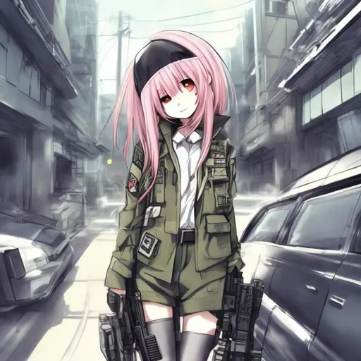 Prompt: Life like, anime style, girl, military attire, machine gun, skinny, small, space headquarter