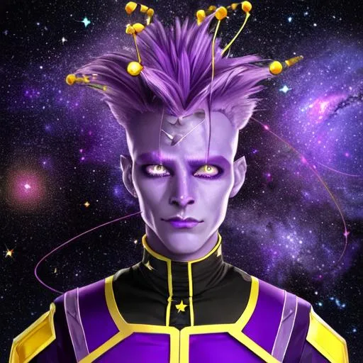 Prompt: A high quality alien man with purple skin and purple hair and yellow eyes, wears a uniform, surrounded by stars, a golden string dances around him, science fiction, beautiful, colorful, handsome, photorealistic face