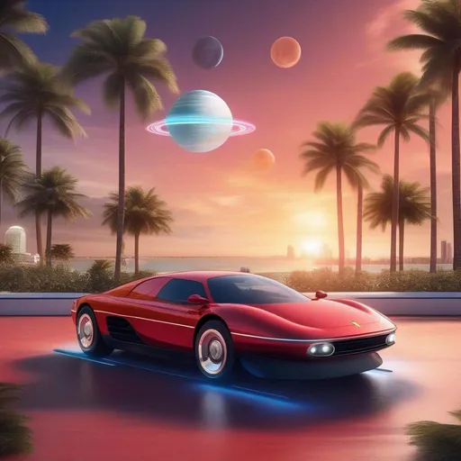 Prompt: A hovercar that looks like a Ferrari parked outside, Space Miami Background, Planets visible in the background, Palm Trees,