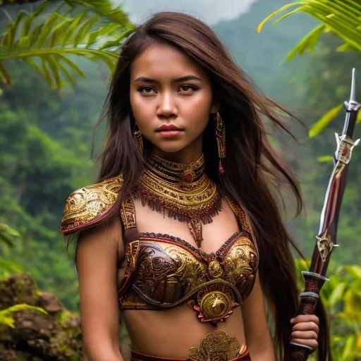 Prompt: professional modeling photo live action human woman hd hyper realistic beautiful Indonesian warrior woman dark brown hair tan skin brown eyes beautiful face traditional indonesian dress with jewelry and sword enchanting indonesian jungle hd background with live action mountains in background