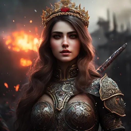 Prompt: create beautiful fictional female with crown who is covered in blood and fighting in war, extremely, detailed environment, detailed background, intricate, detailed skin, natural colors , professionally color graded, photorealism, 8k, moody lighting


